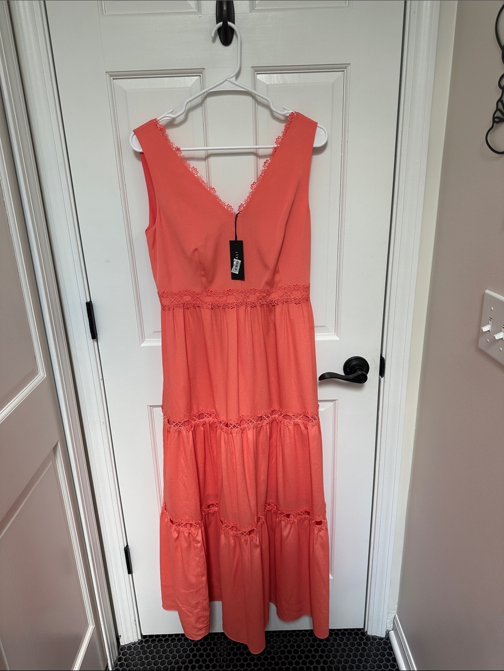 Le Gali Coral V-Neck Tiered Maxi Dress with Lace Trim